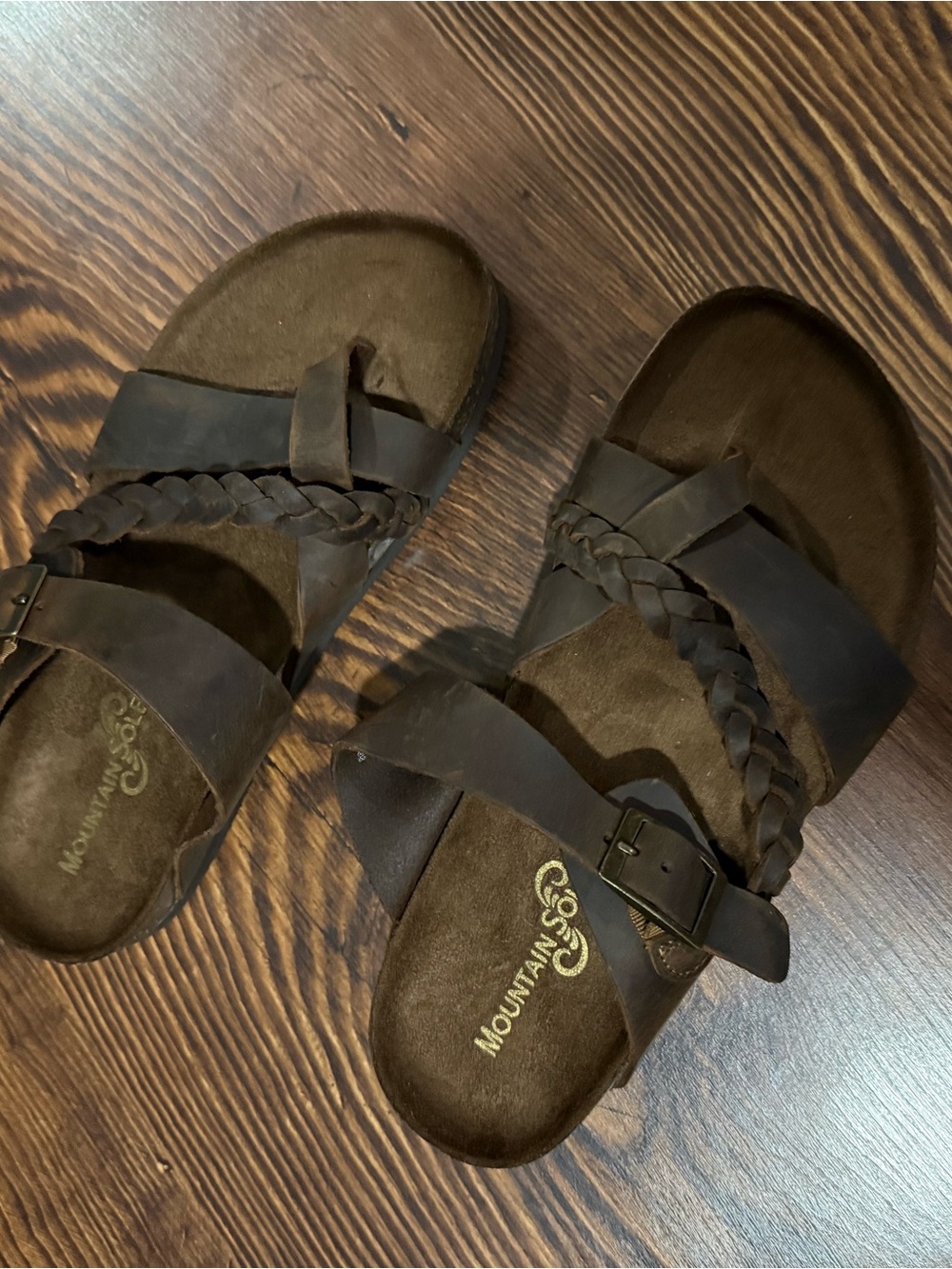 Mountain Sole Braided Buckle Slide Sandals in Brown